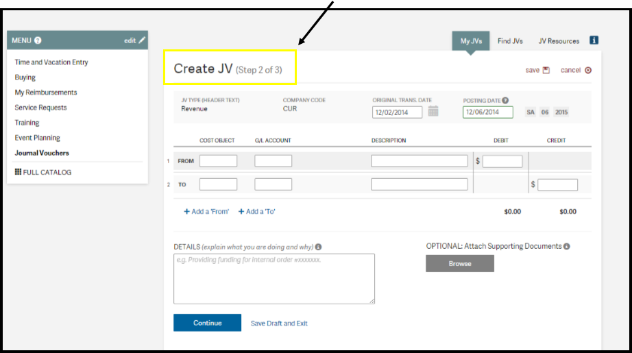 Journal Vouchers: Create JV Step 2