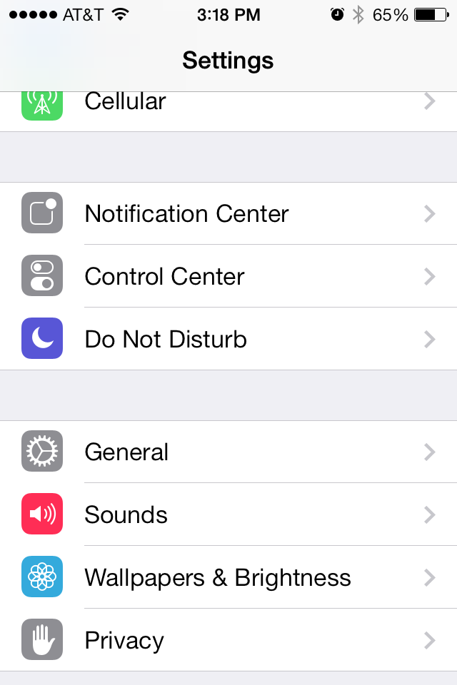 settings screen