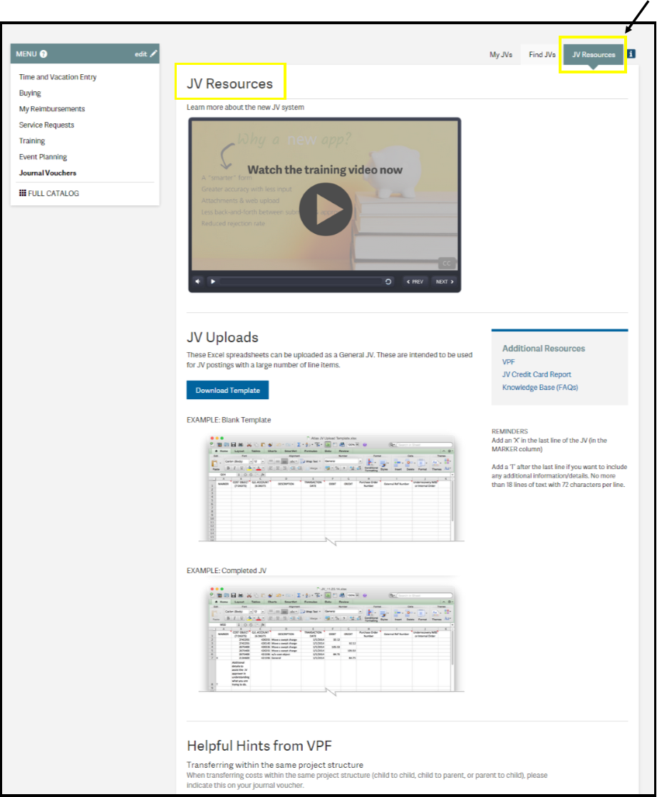 Journal Vouchers: JV Resources