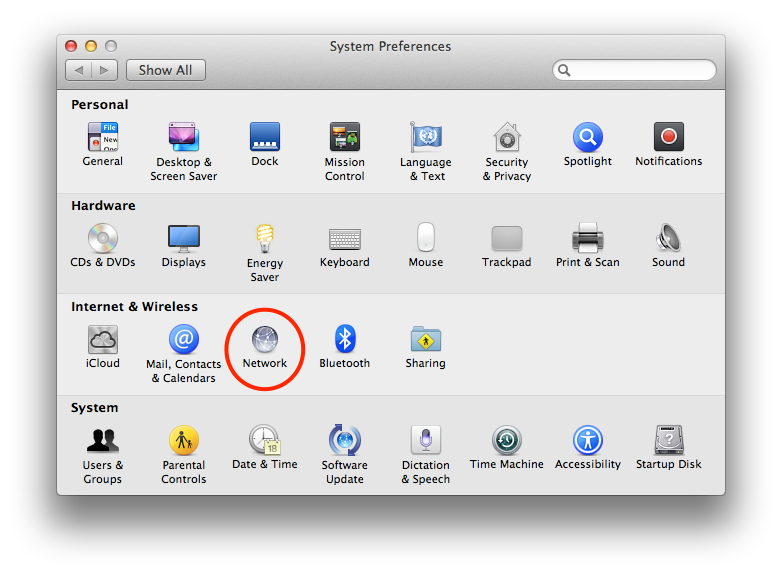 System preferences screen